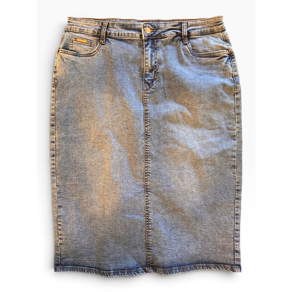 Esteenz Womens Medium Wash Denim Pencil Skirt Size 12 Stretch Knee Length Skirt